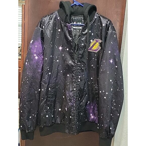 LA LAKERS GALAXY NBA SPACE HOODIE JACKET Xl Puffer Authentic SHINE BLACK ' - Picture 2 of 12
